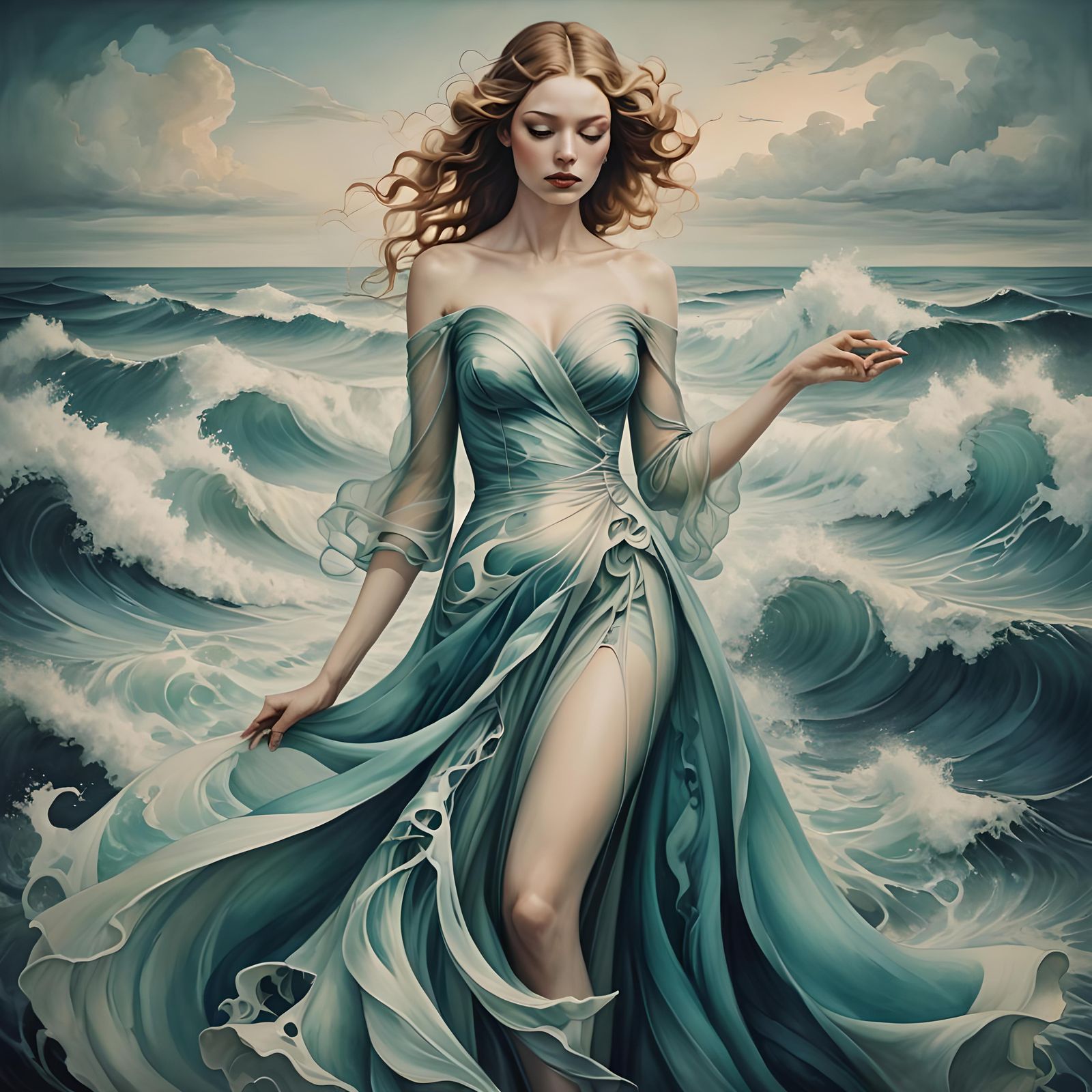 Surreal Ocean Waves Gown in Tachisme Style