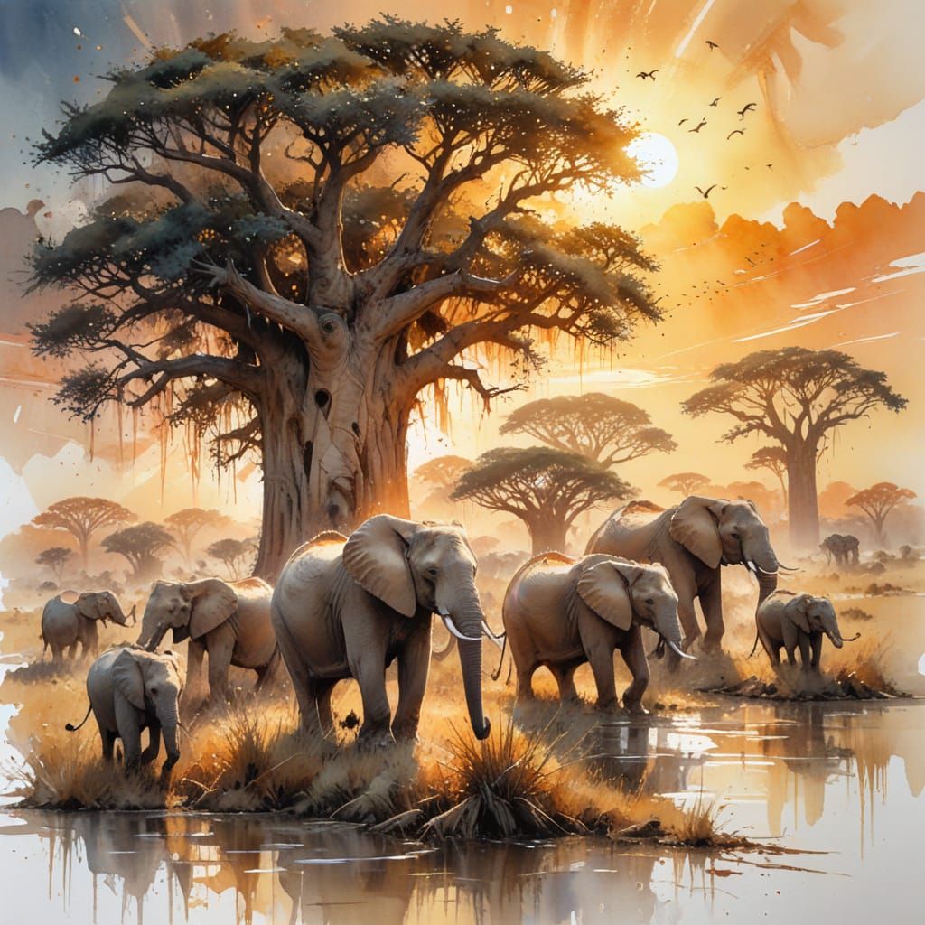 Elephants Marching at Sunset: Photorealistic Digital Paintin...