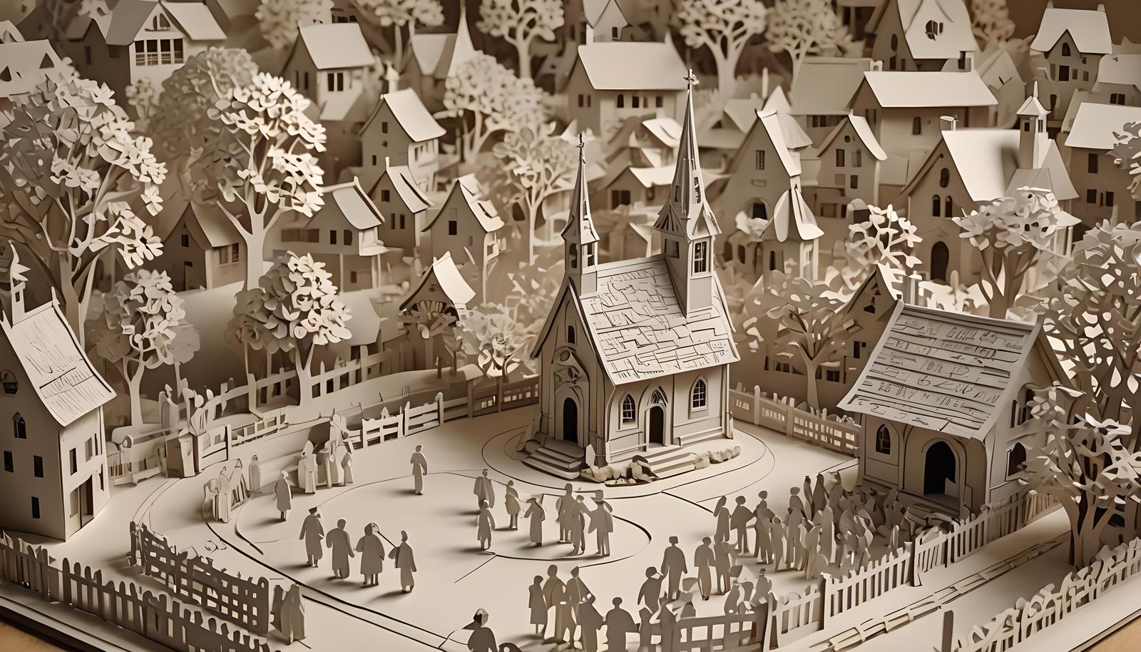 Village Square in Paper-Cut Kirigami Style