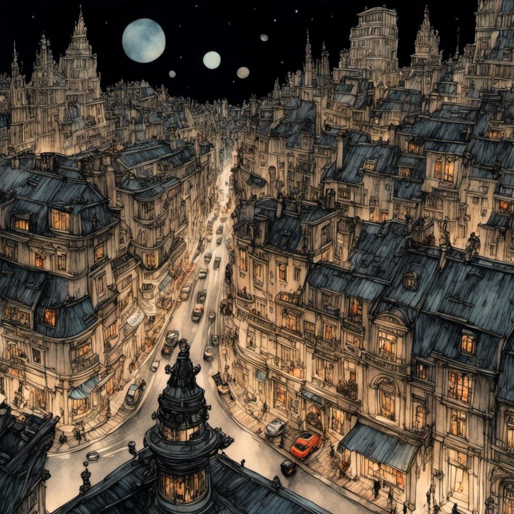 City Street at Night in Ink Drawing Style