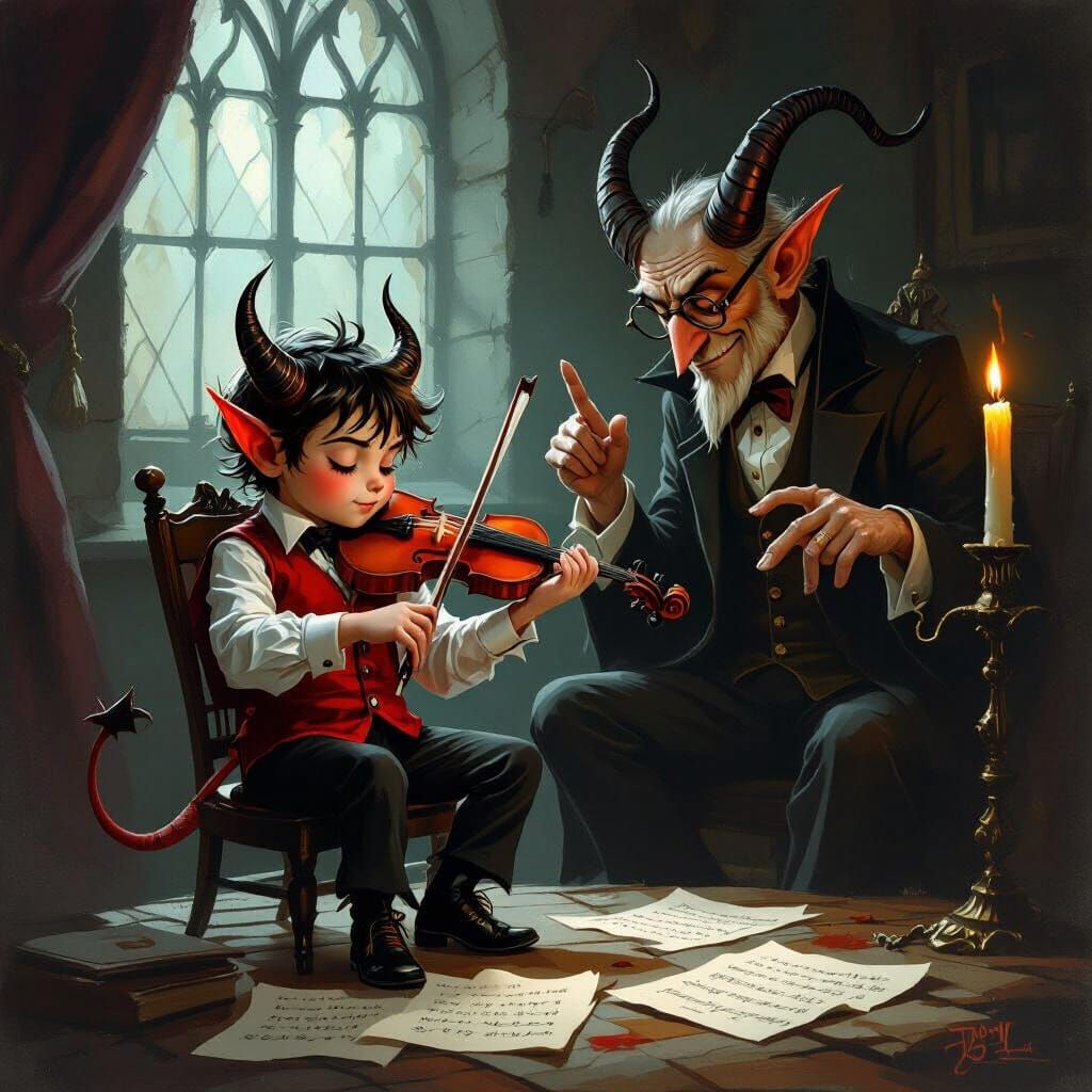 Devil Struggles with Violin Lesson in Dark Fantasy Style