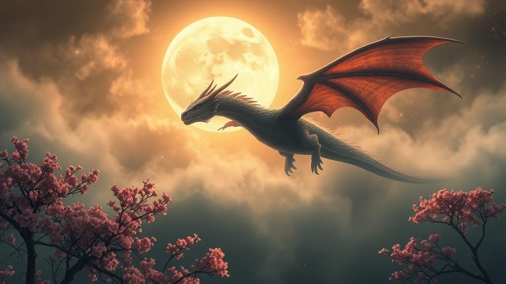 Moonlit Dragon Soaring Through Mystical Dreamtime Mist