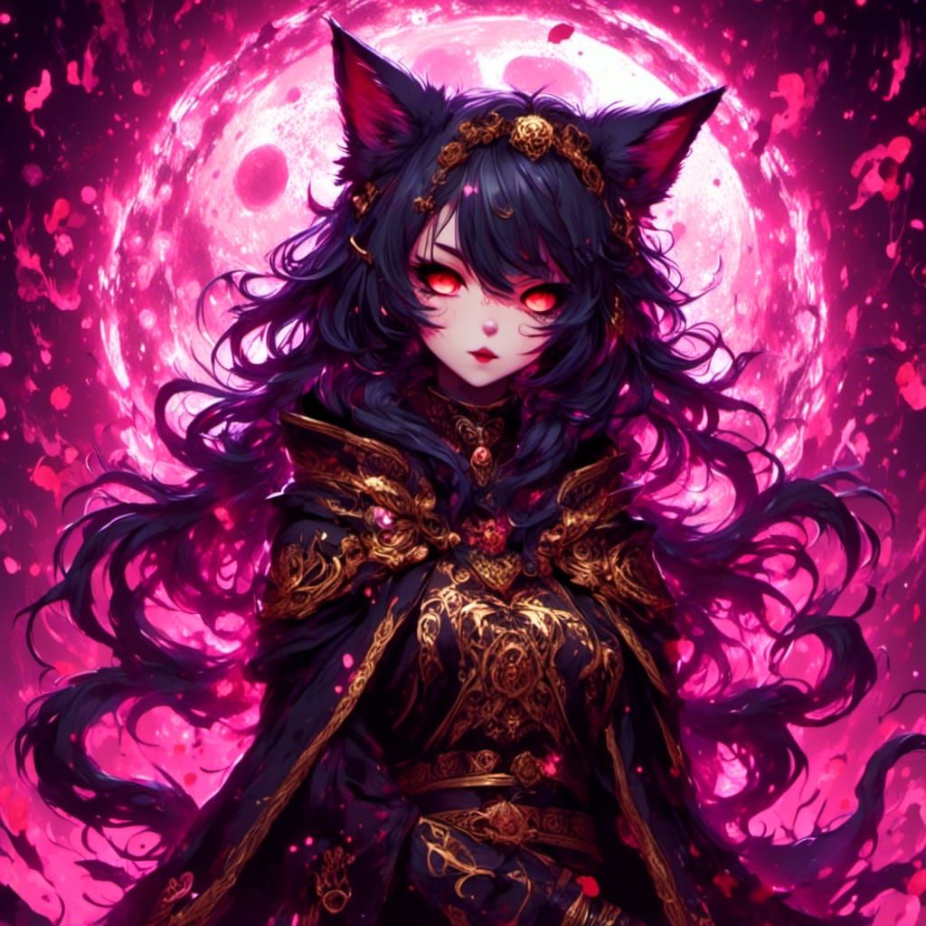 Anime Goth Cat Girl Mage in Gold and Black