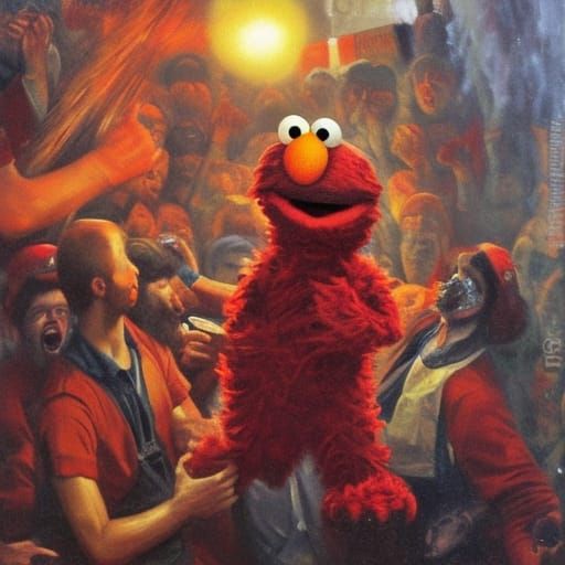 Elmo Attacked by Mob in Oil Painting Style
