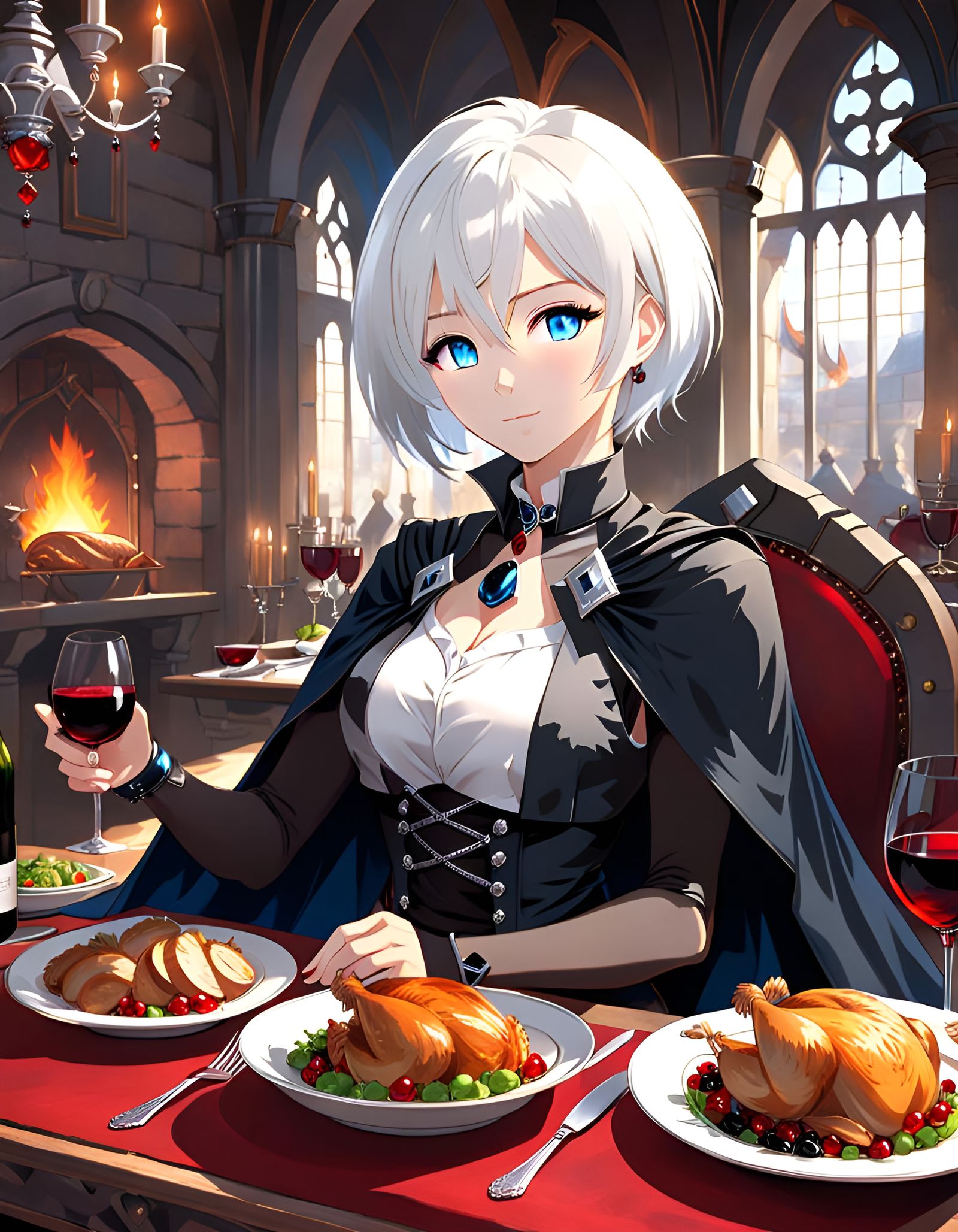 Anime Girl Enjoying Fantasy Castle Dinner