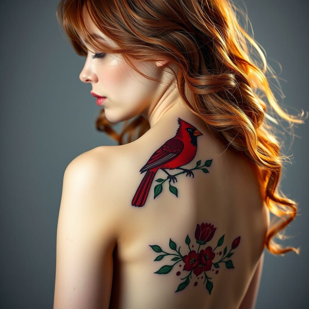 Woman with Scandinavian Folk Art Cardinal Tattoo