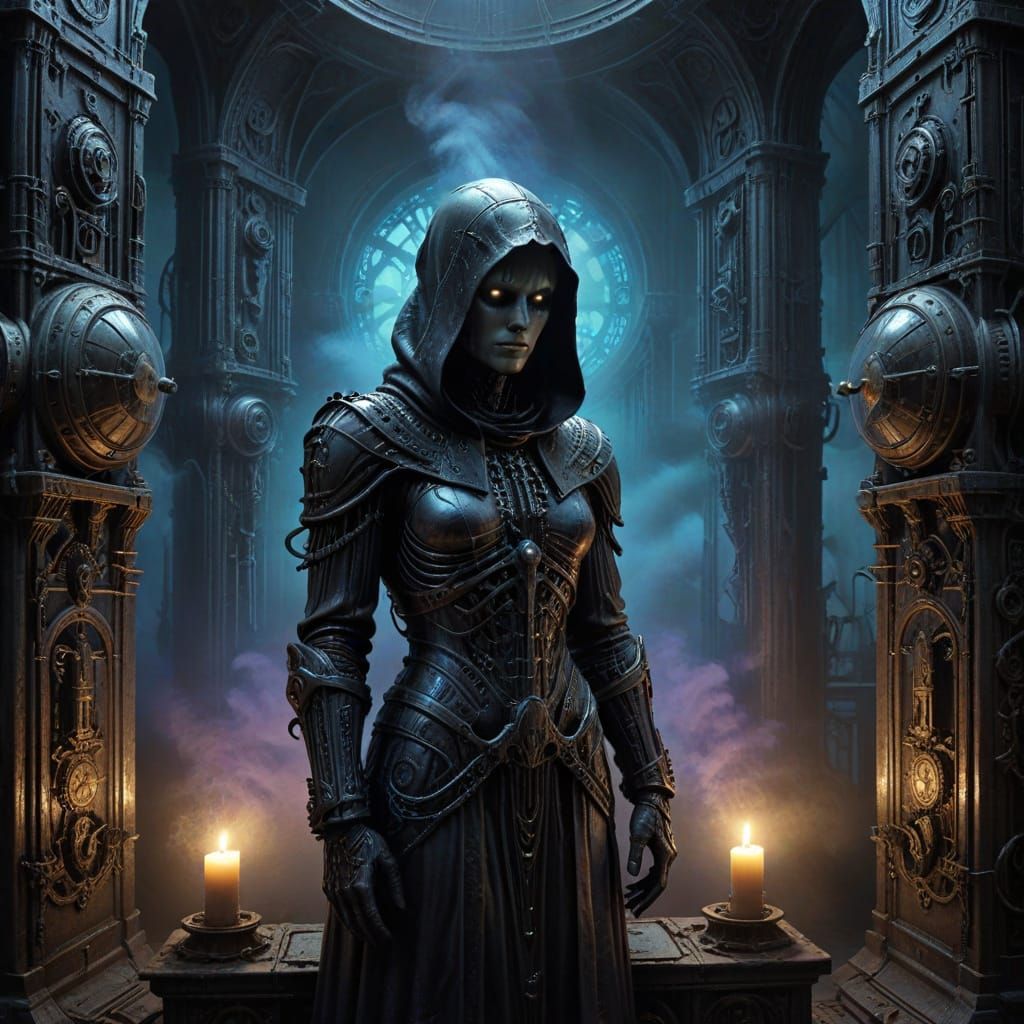 Mysterious Steampunk Figure in a Haunted Chamber
