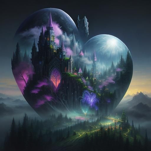 Ethereal Crystal Heart in Fantasy Landscape
