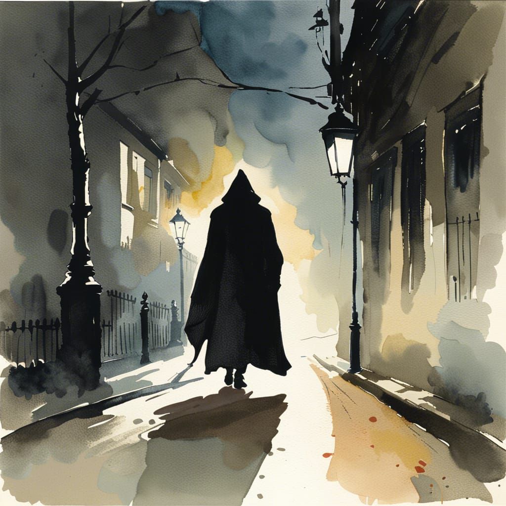 Mysterious Figure Walks Down Dark Street in Watercolor