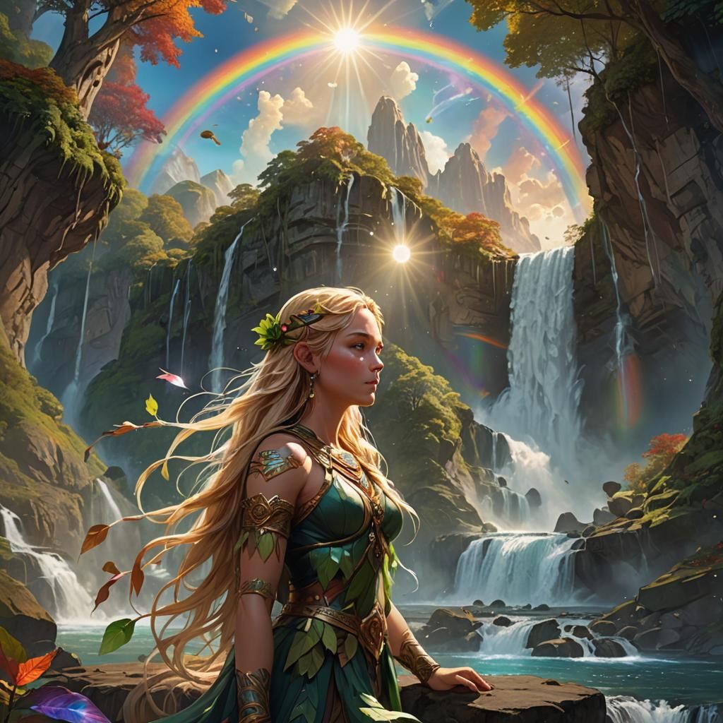 Goddess Gazing at Orb in Dreamlike Landscape