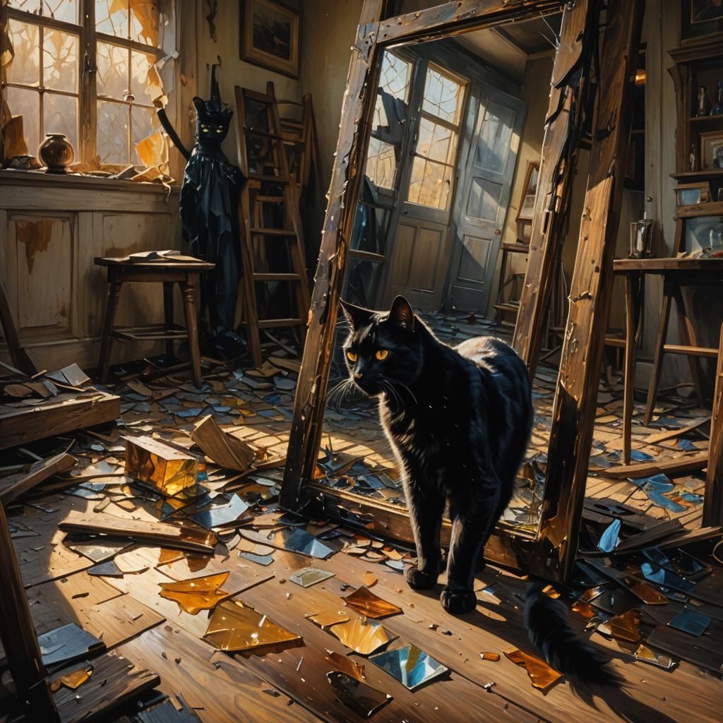 Ominous Black Cat and Shattered Mirror Oil Painting