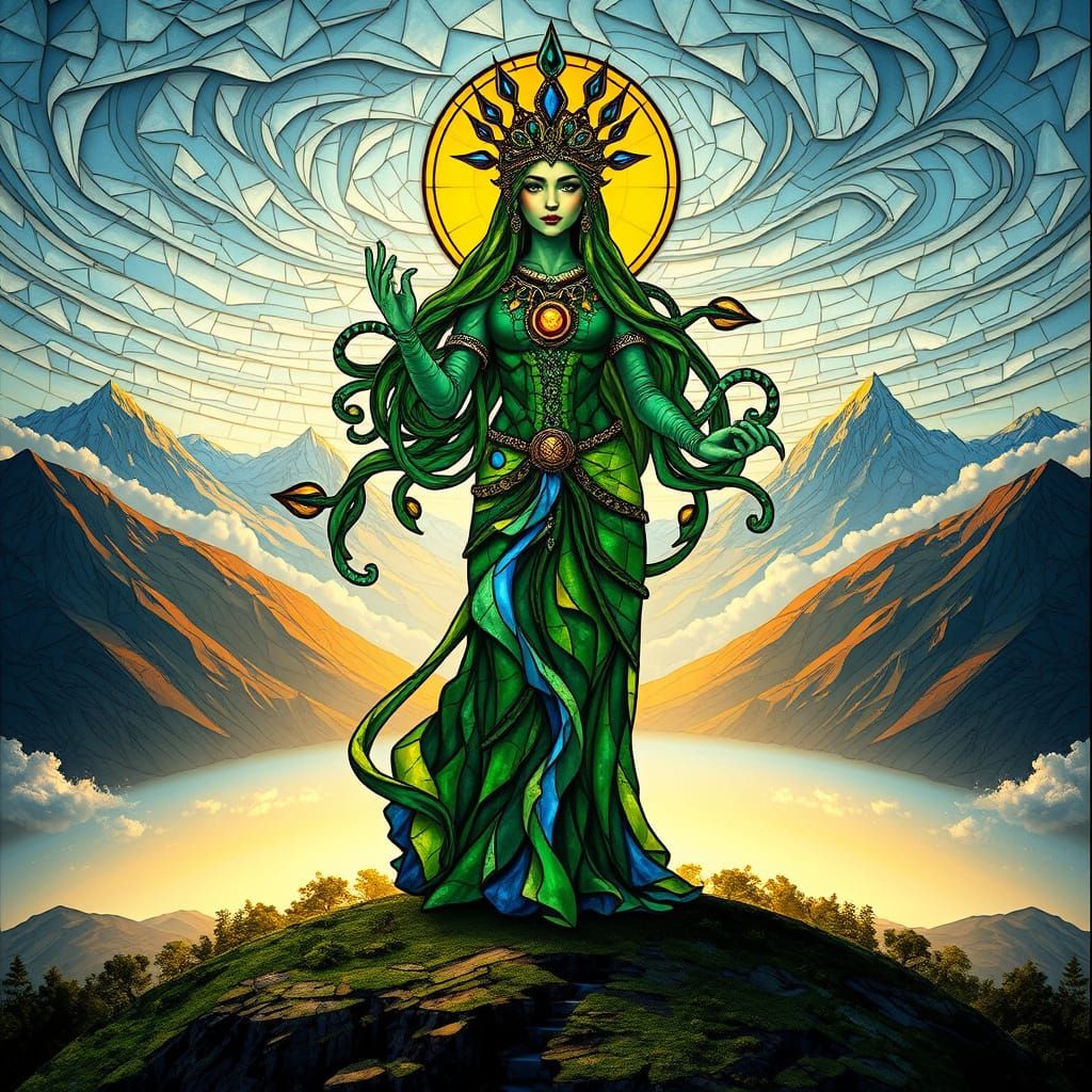 Gaia Earth Goddess Stained Glass Sci-Fi Portrait