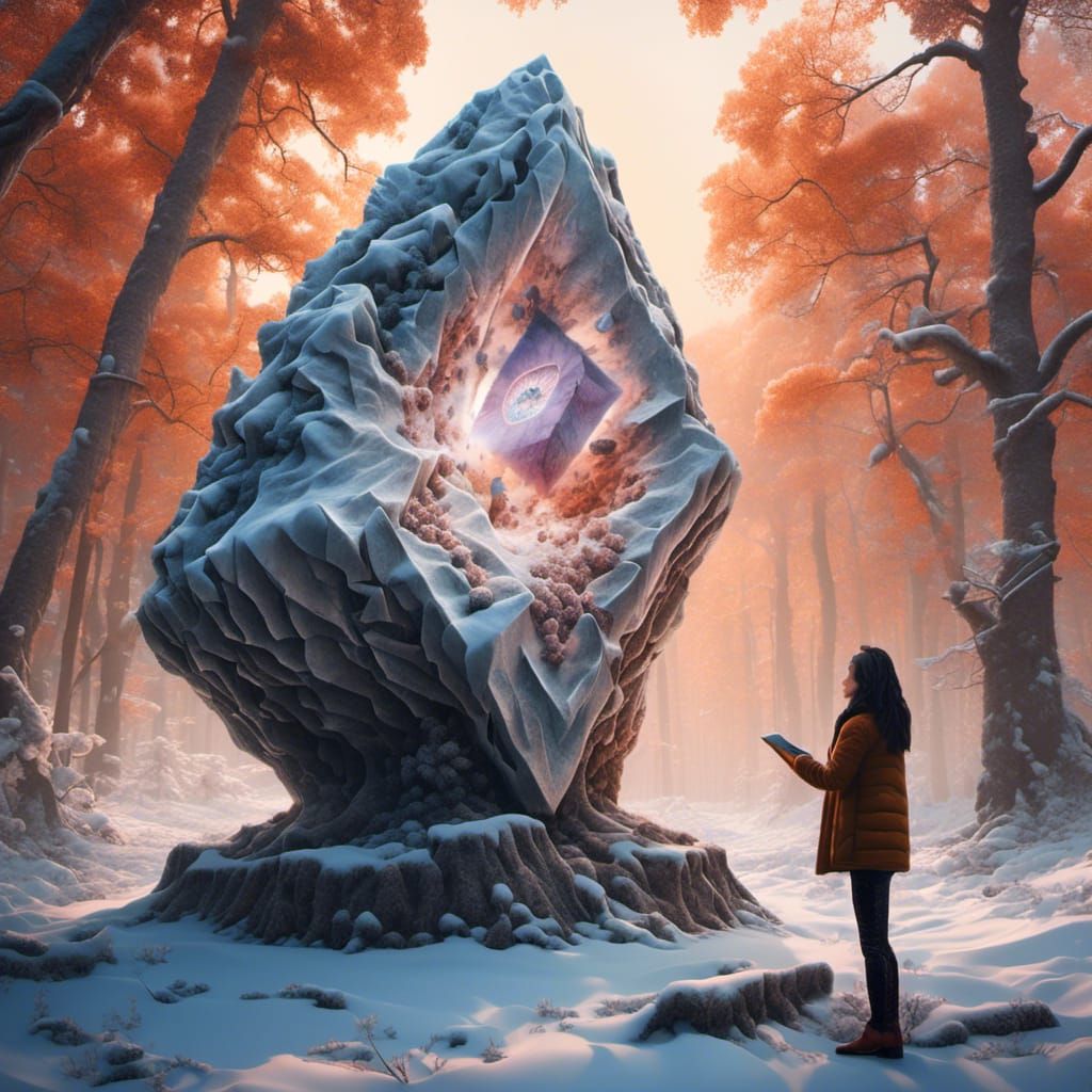 Diamond Stone in Birch Tree with Woman, Hyperrealistic