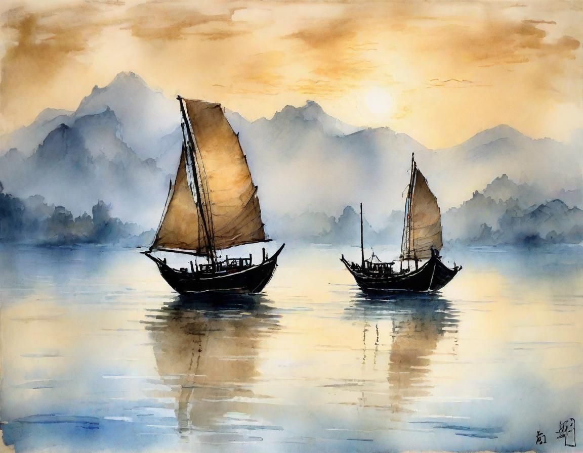Chinese Junk Boat at Dawn in Soft Focus