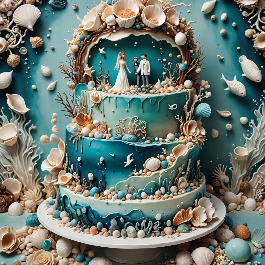 Elaborate Sea-Themed Wedding Cake Digital Art