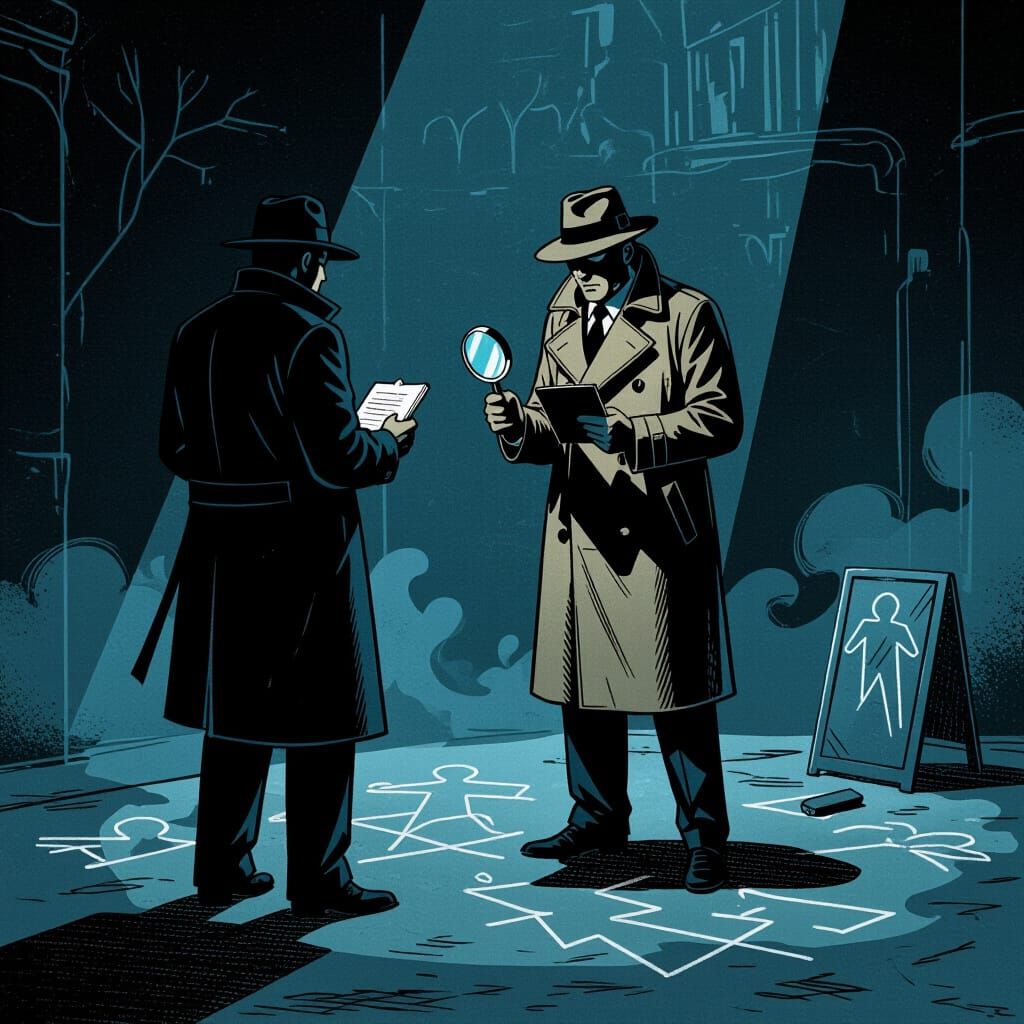 Noir Detective Investigates Crime Scene in Art Deco Style