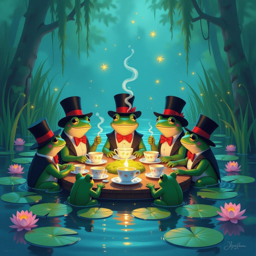 Frogs Enjoying Tea Party at Moonlit Marsh