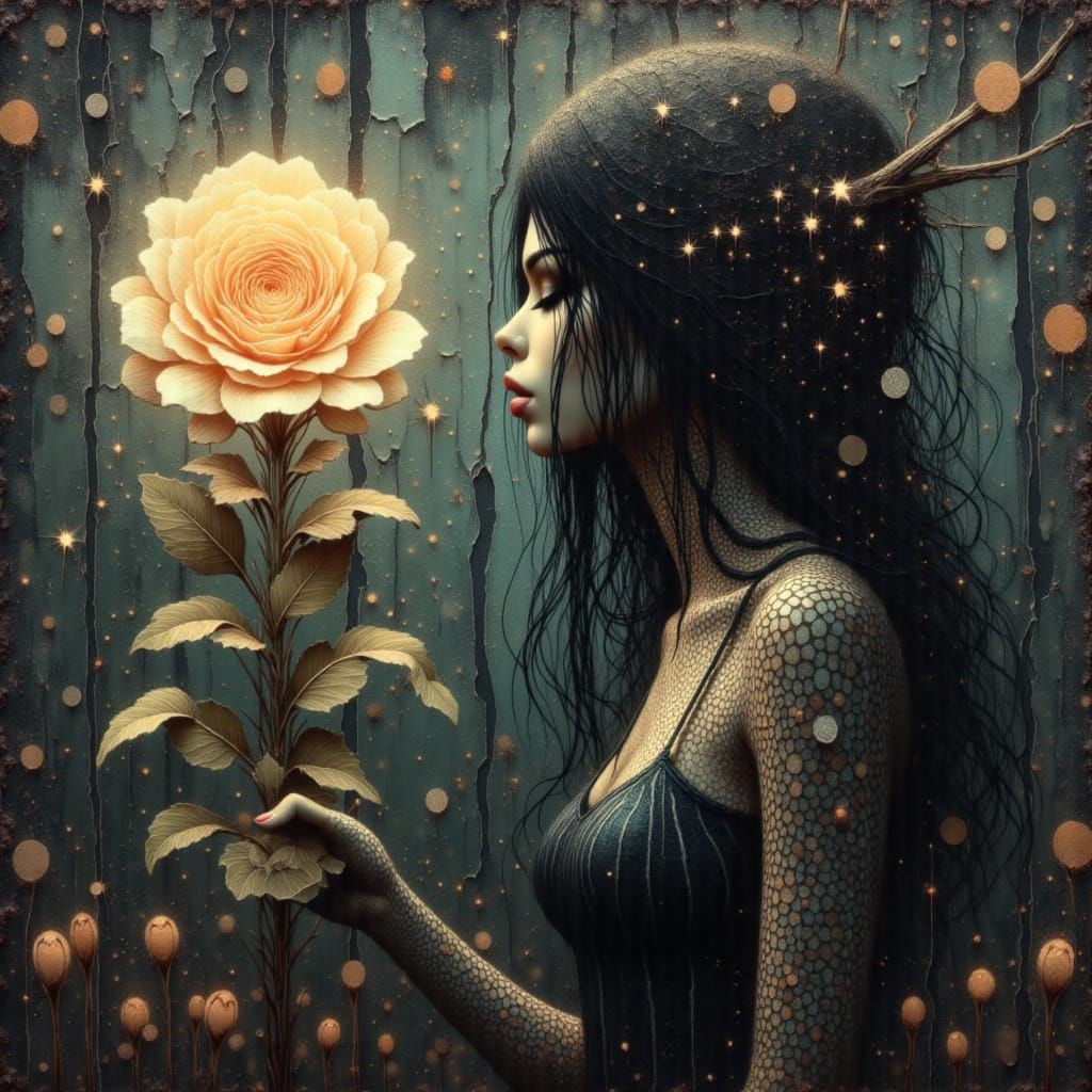 Ethereal Woman With Star-Woven Hair in Surreal Oil Painting