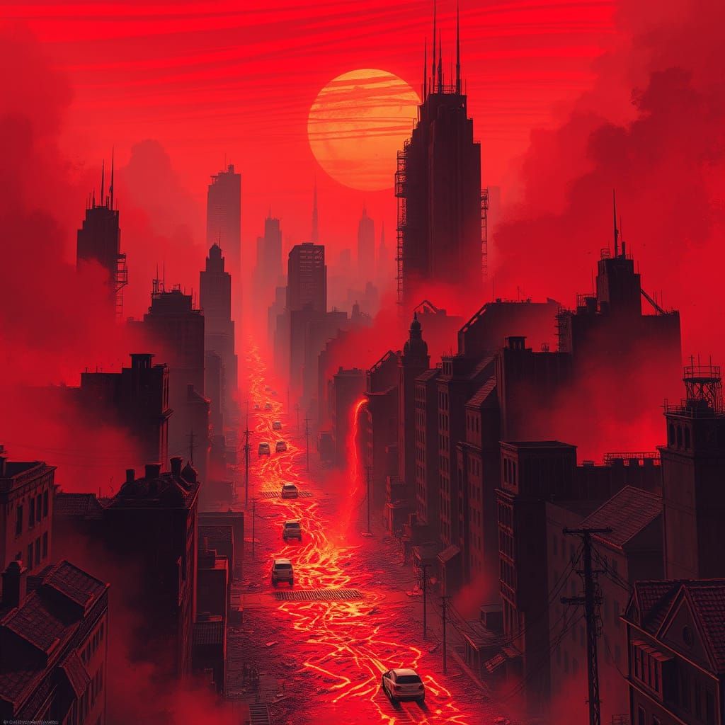 Dystopian City Ablaze in Fiery Red Mist