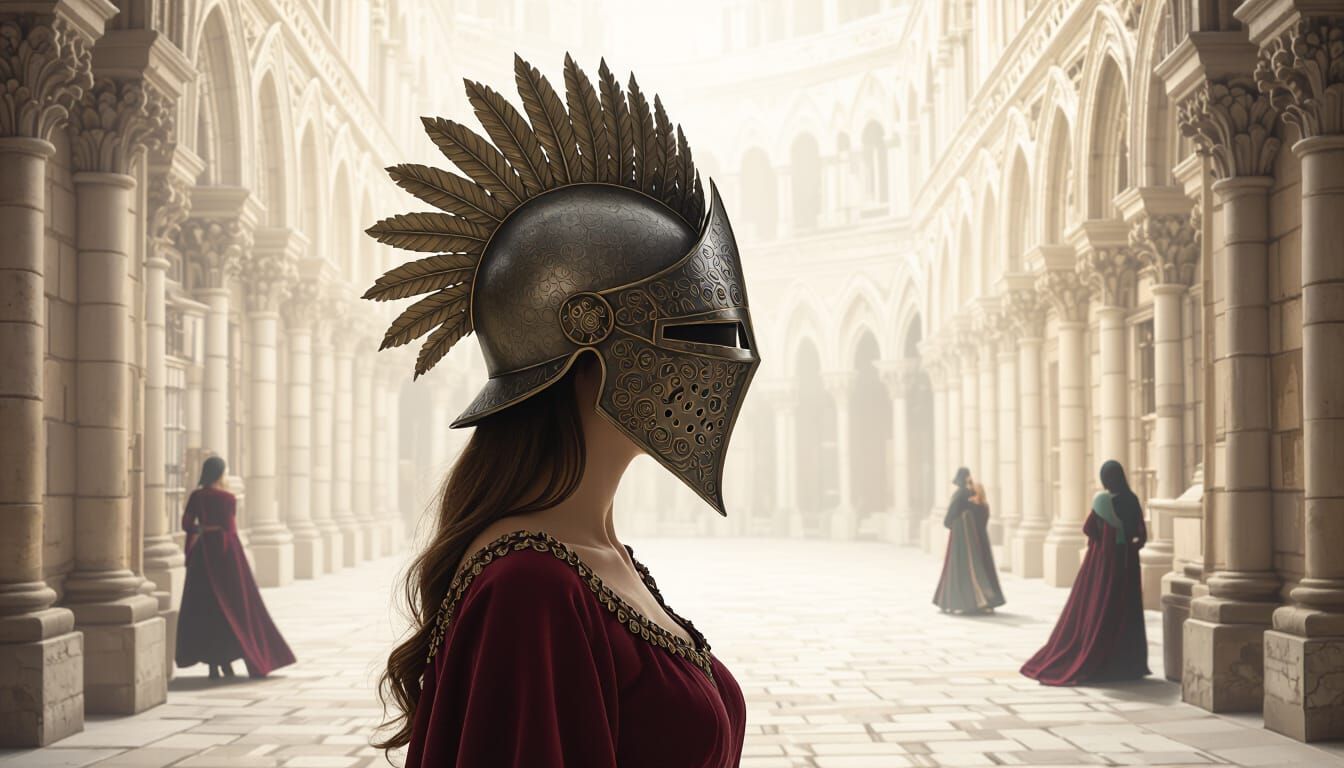 Woman in Petal Helm in Ethereal Medieval Court
