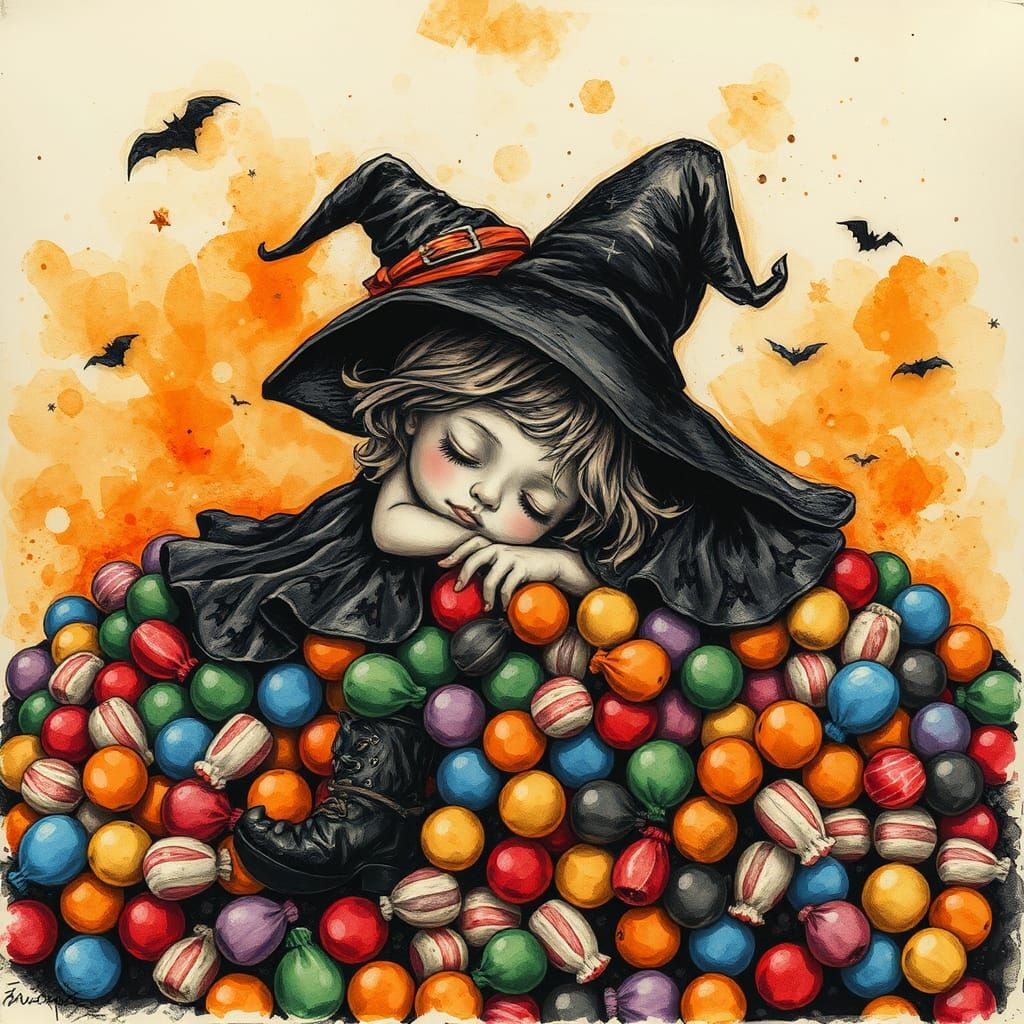 Cute Witch in Surreal Halloween Dream
