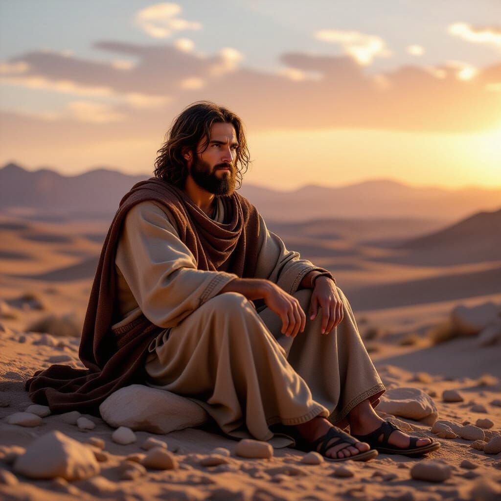 Jesus in Desert at Sunset in Hyperrealistic Style