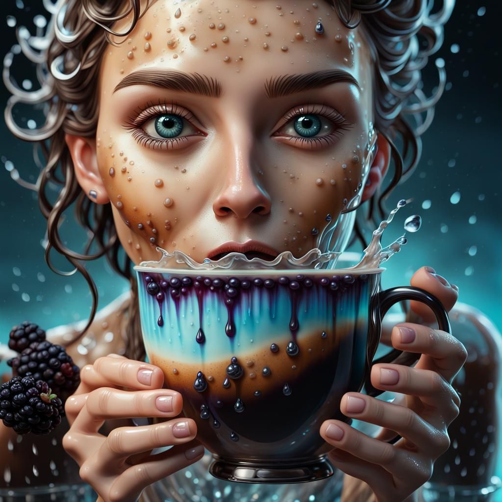 Bioluminescent Coffee Cup with Blackberries: 3D Render