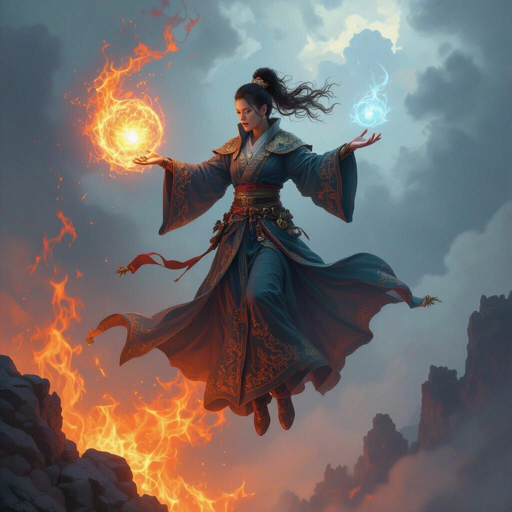 Dragon-Riding Mage Casting Spell in Stormy Sky