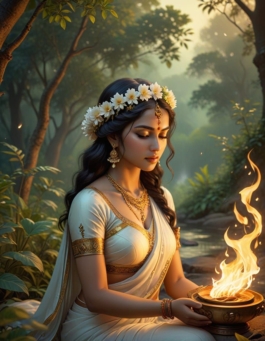 Priestess nurtures flames in tranquil harmony