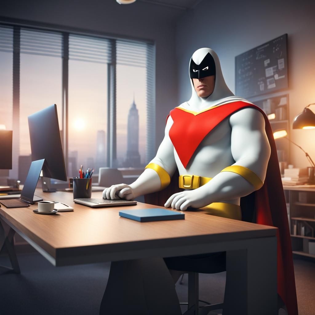 Superhero Space Ghost Working at Desk in 8K