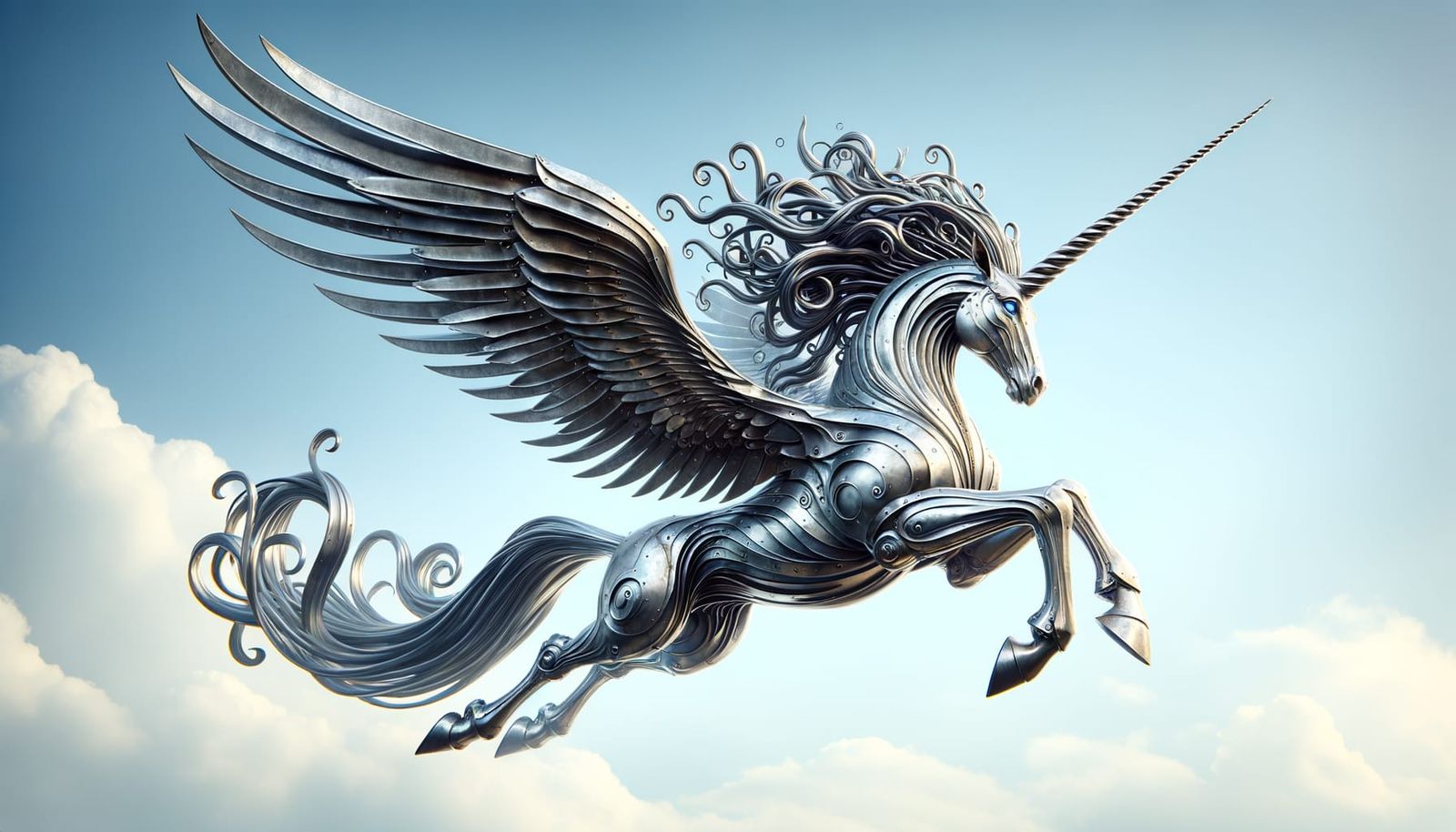 Iron Alicorn Mid-Flight: A Mythical Metallic Creature