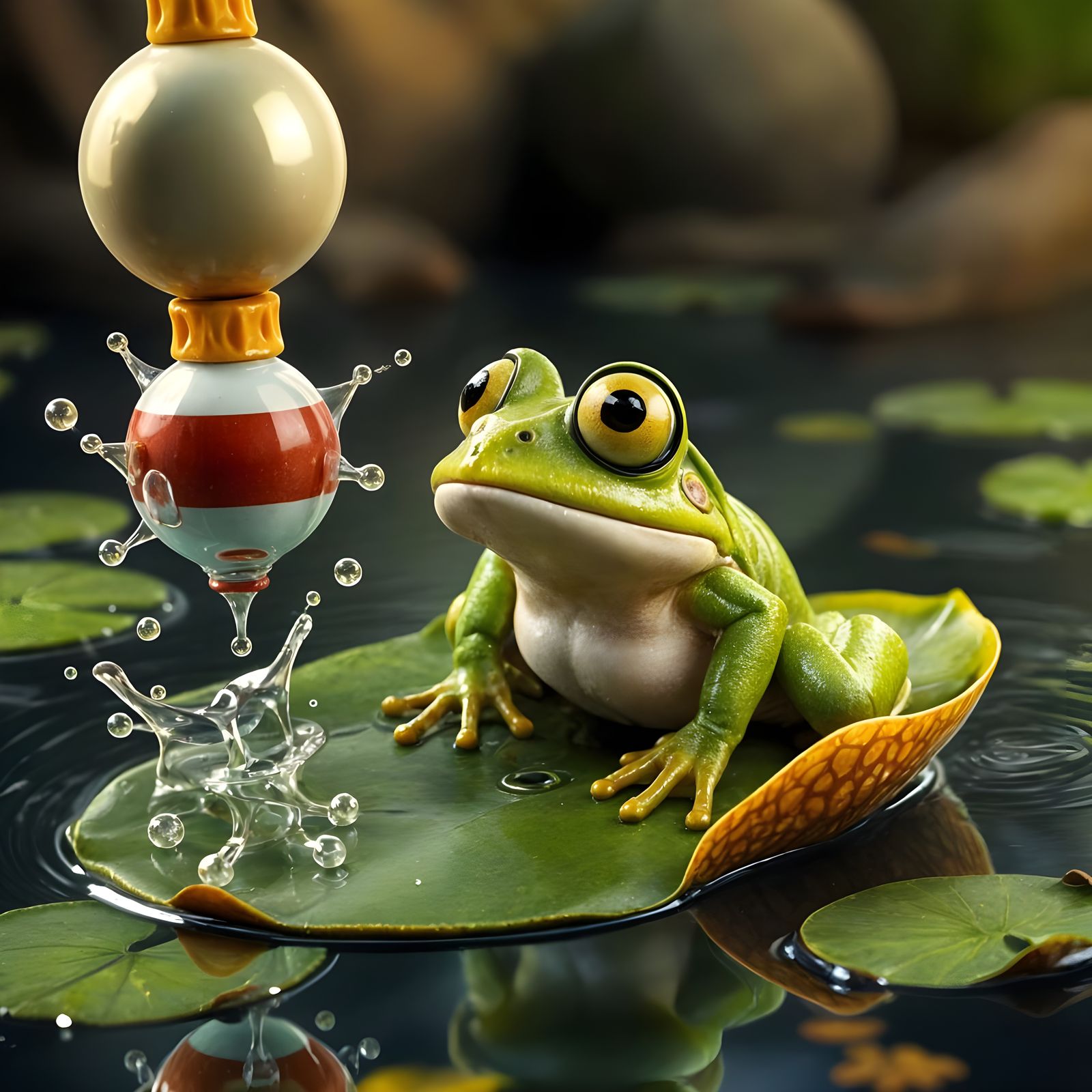Surprised Frog on Lilypad: Whimsical Pixar Style