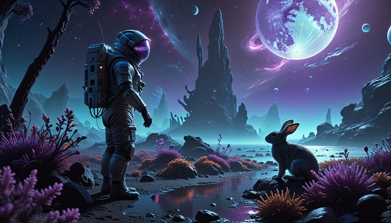 Astronaut and Bioluminescent Fauna on Alien Planet