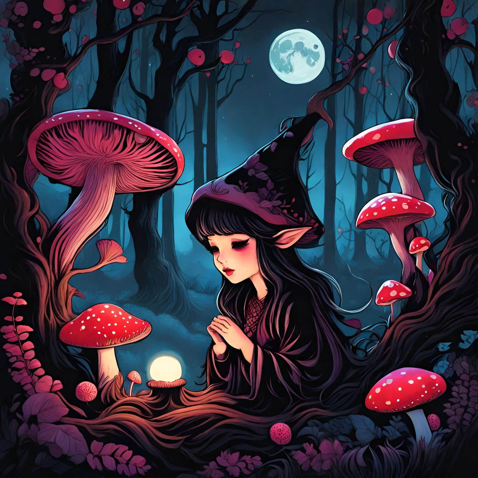 Mushroom Pixie in Haunted Forest: Dark Fantasy Art