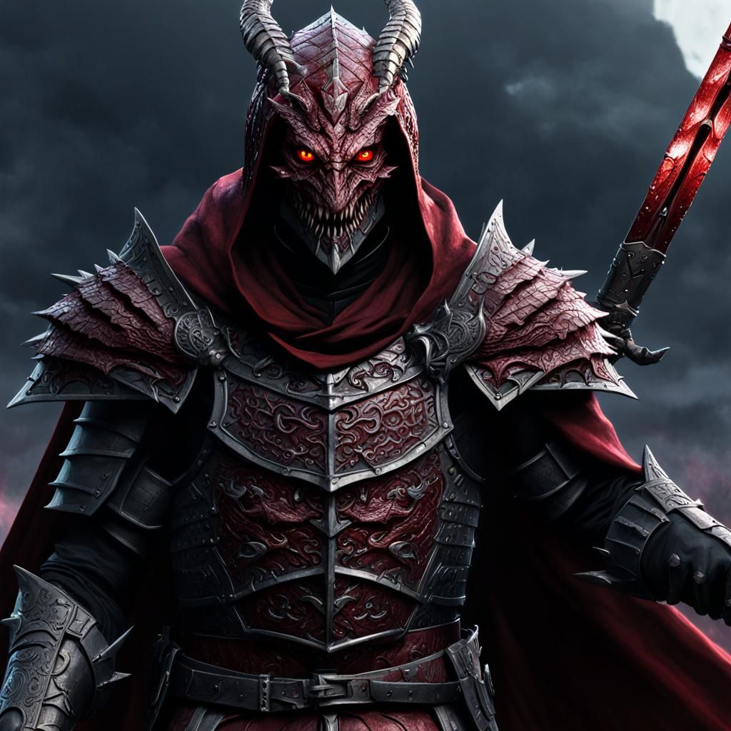 Terrifying Maroon Dragonborn Knight with Crimson Sword