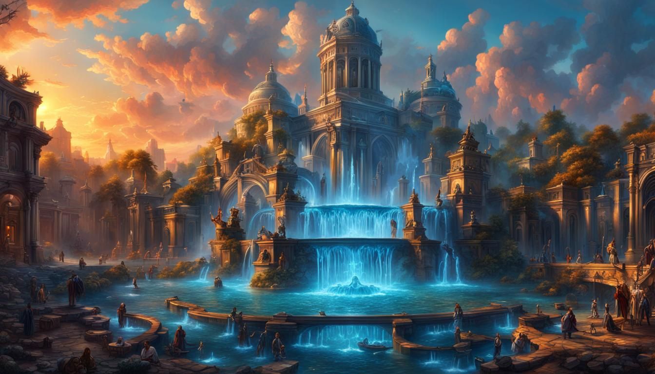 Magical Blue Fountain in Solarpunk City