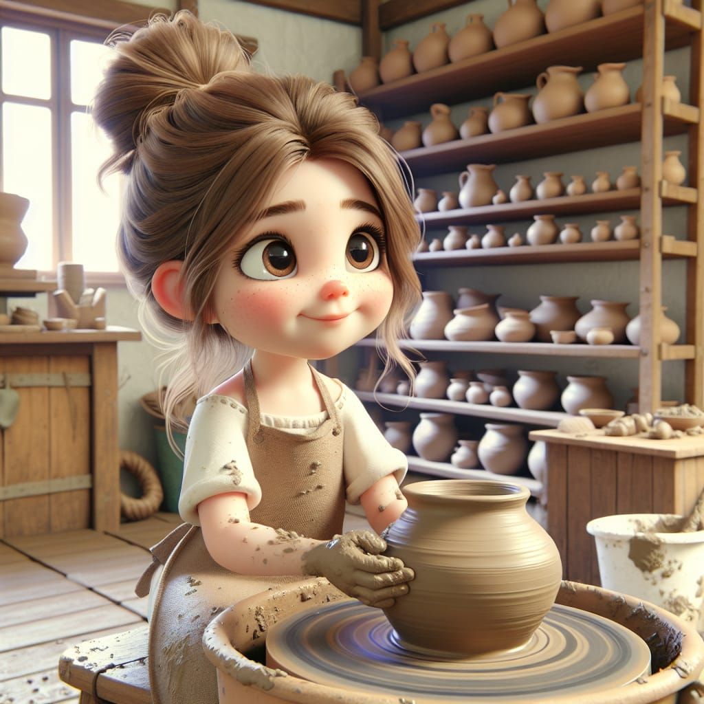 Disney Pixar style 3D adorable little girl, wearing an apron, hair up in a messy bun, making pottery, clay on a spinner,...