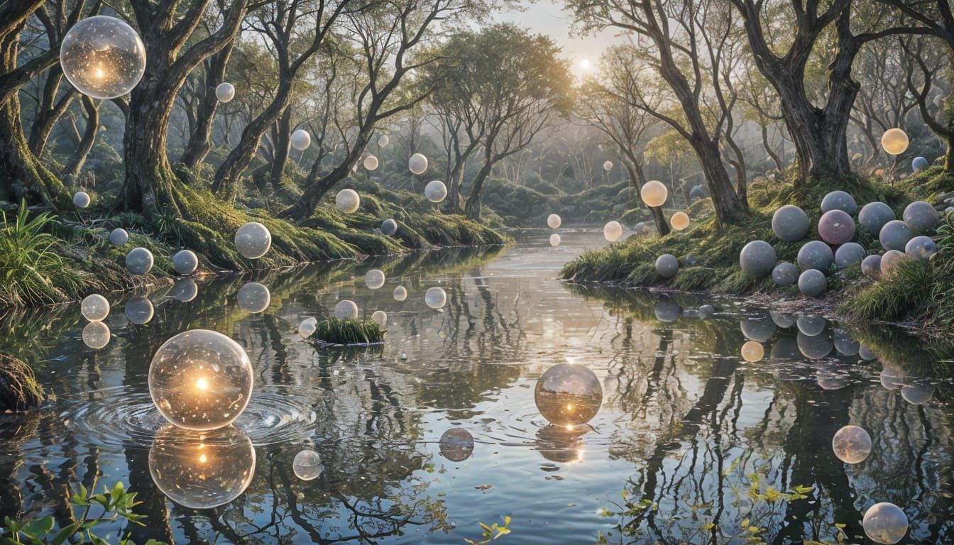 Stunning Night Sky with Glowing Orbs and Whimsical Creatures