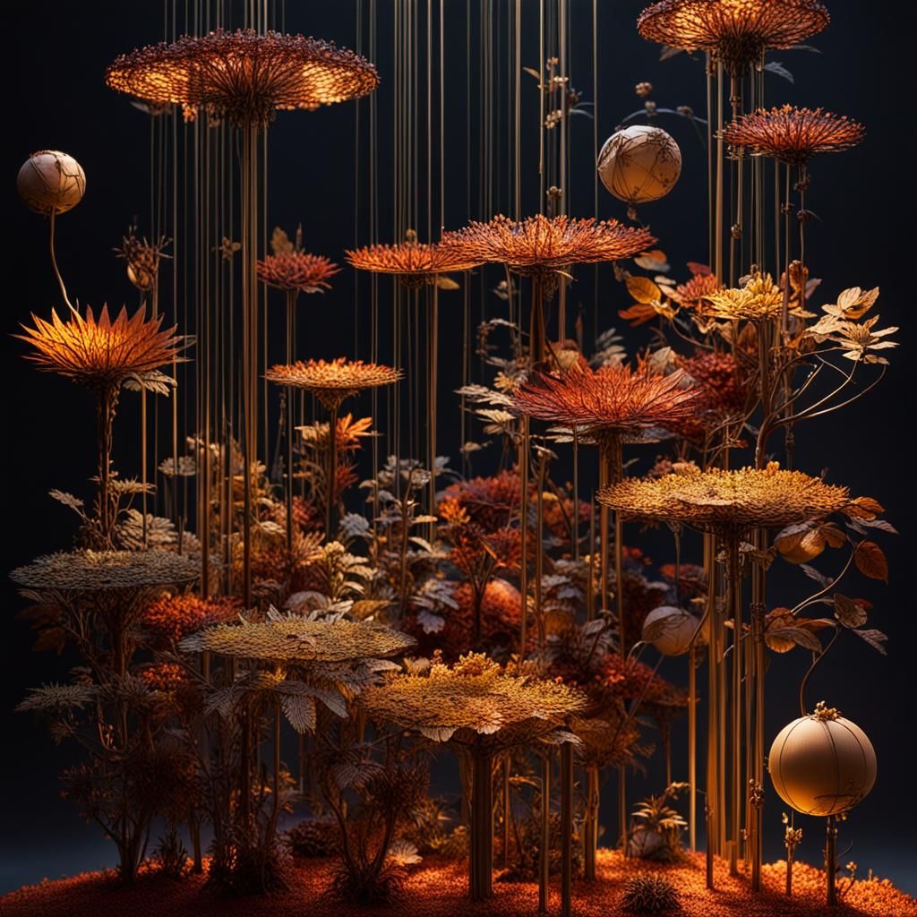 Surreal Garden of Mechanical Marvels Illuminated by Warm Aut...