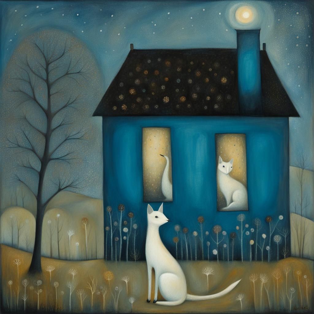Enchanting Blue House in Naive Folk Art Style