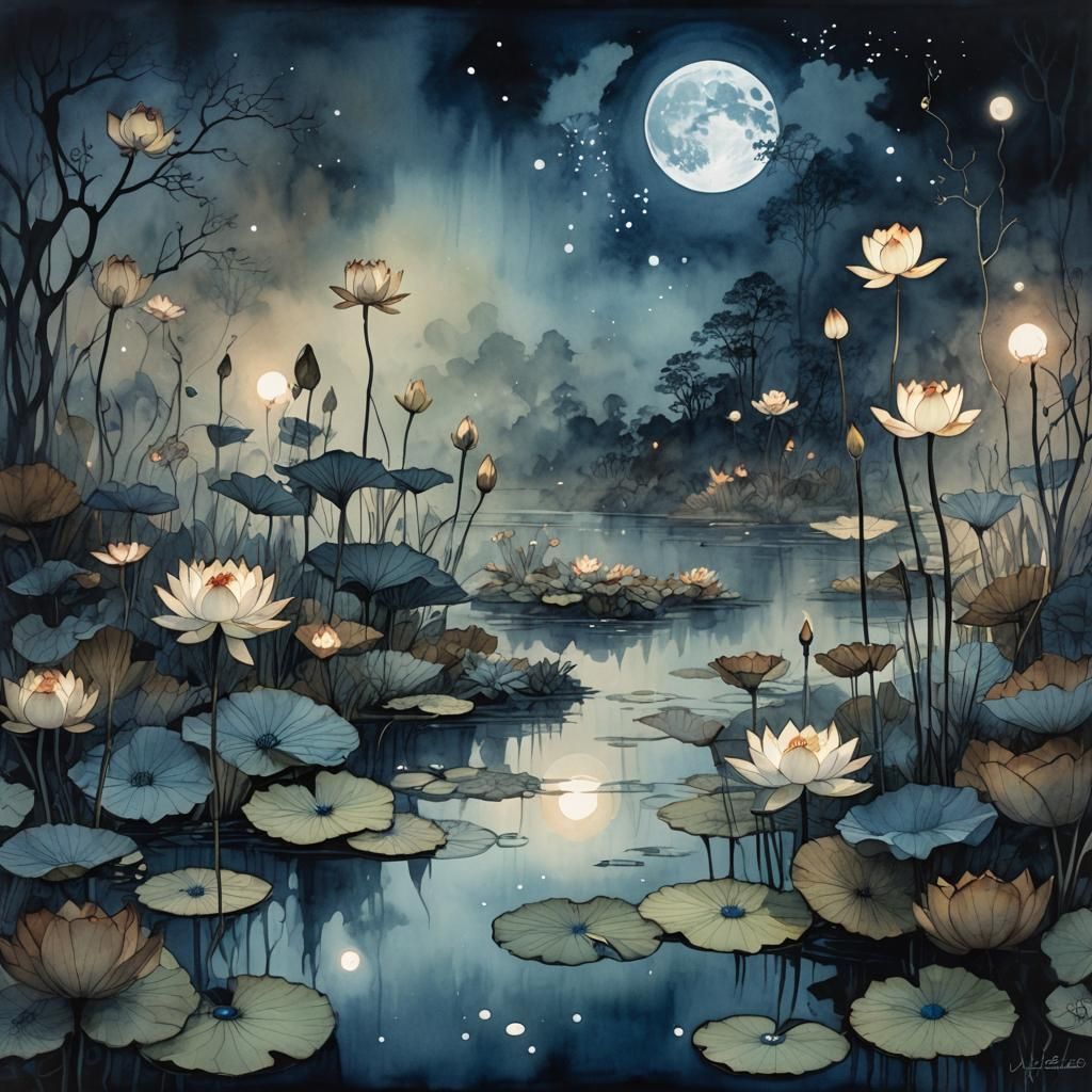 Glowing Lotus in Misty Pond: Dark Fantasy Ink Wash
