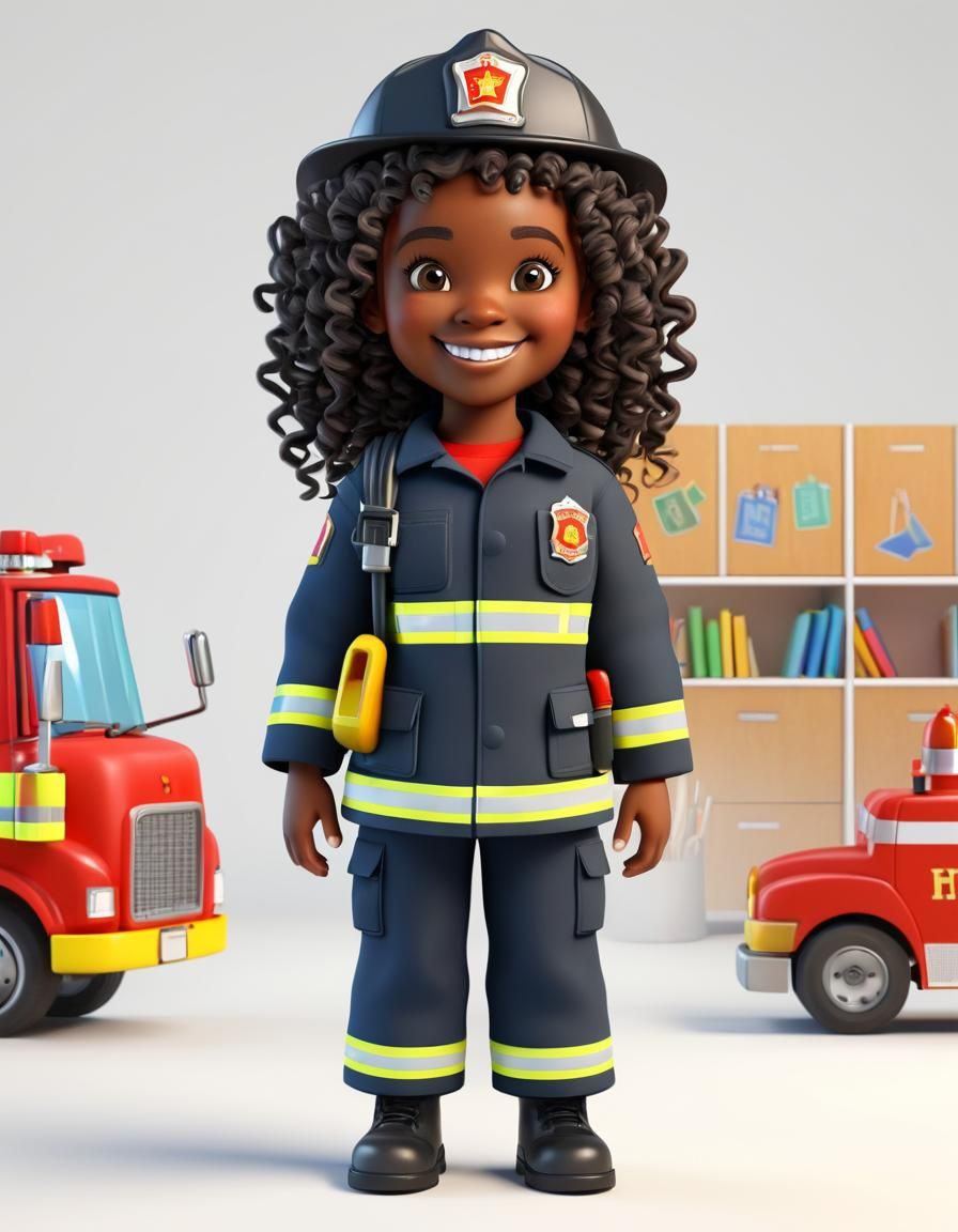 Black Girl as Firefighter in 3D Icartoon Style