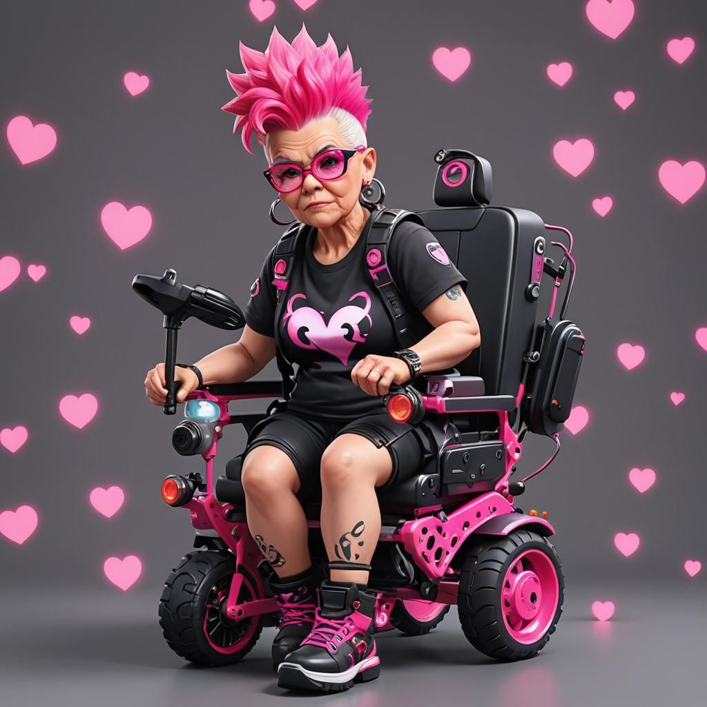 Granny with Mohawk in Futuristic Wheelchair, 3D Anime Art