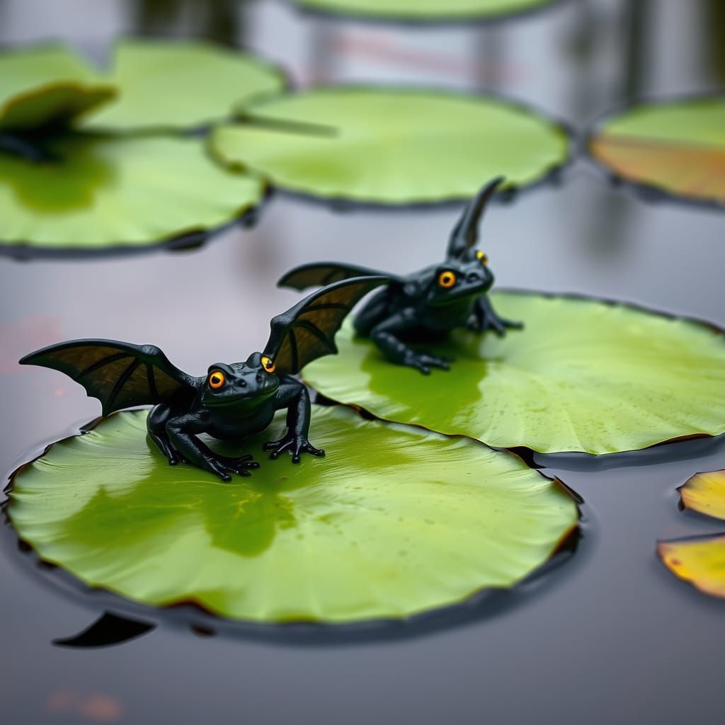 Bat Frogs with Luminescent Eyes on Lily Pads