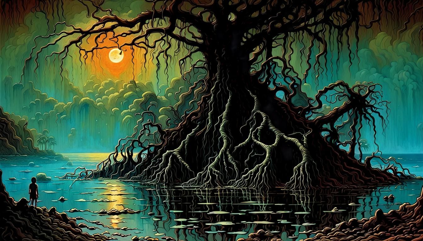 Eerie Tropical Island Illustration in Dark Comic Style