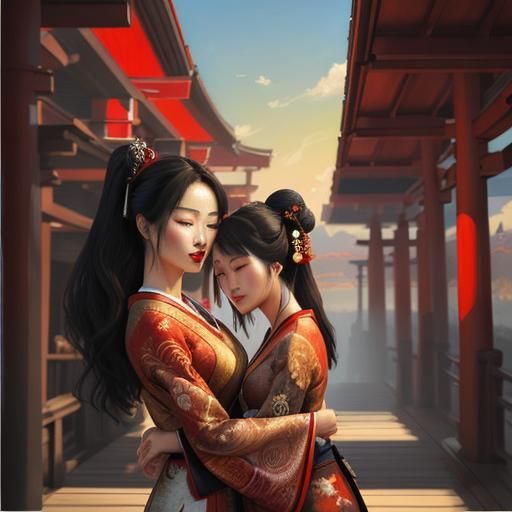 Geisha Women Embrace Under Torii: Oil Painting Style