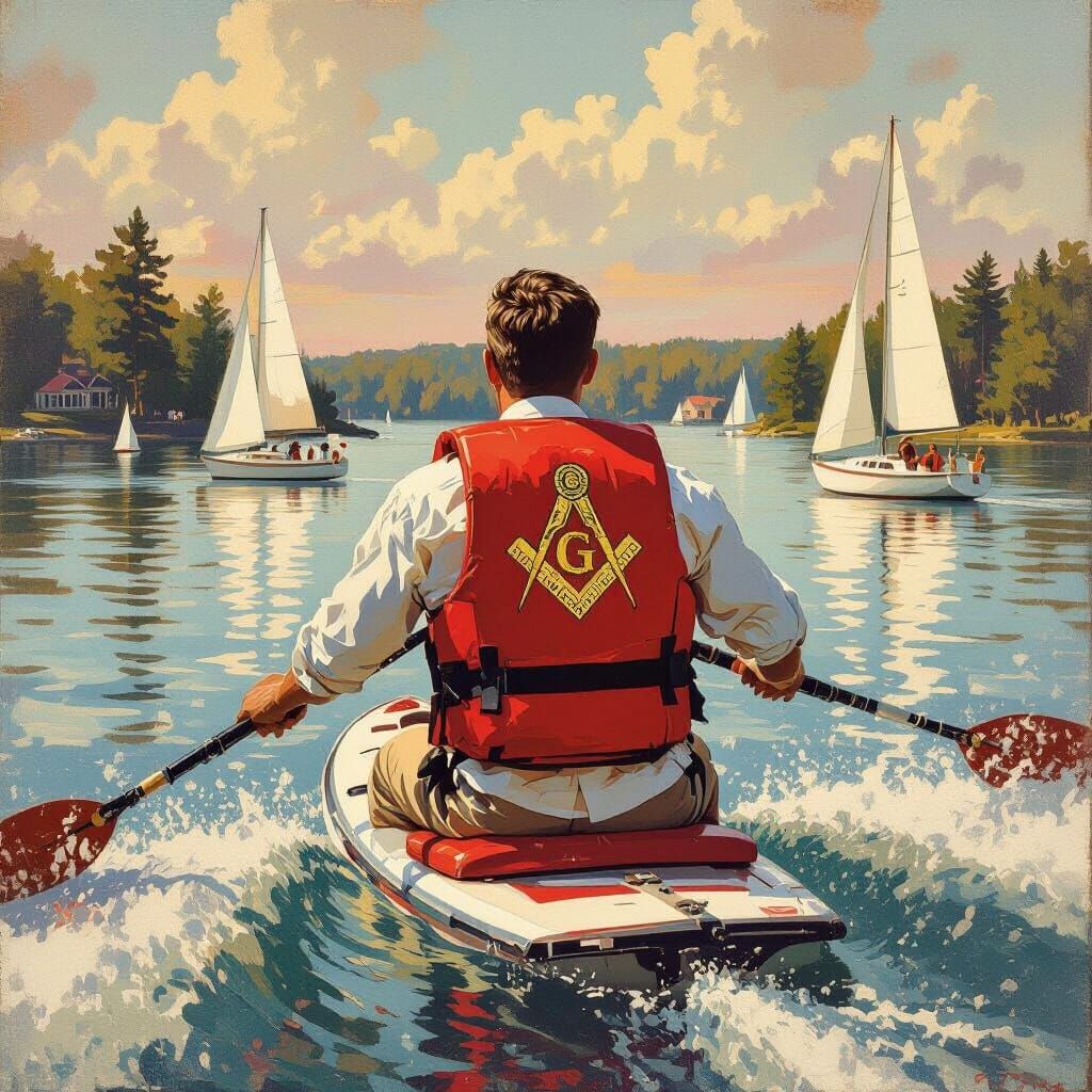 Waterskiing Gentleman in Rockwell-Inspired Lakeside Scene