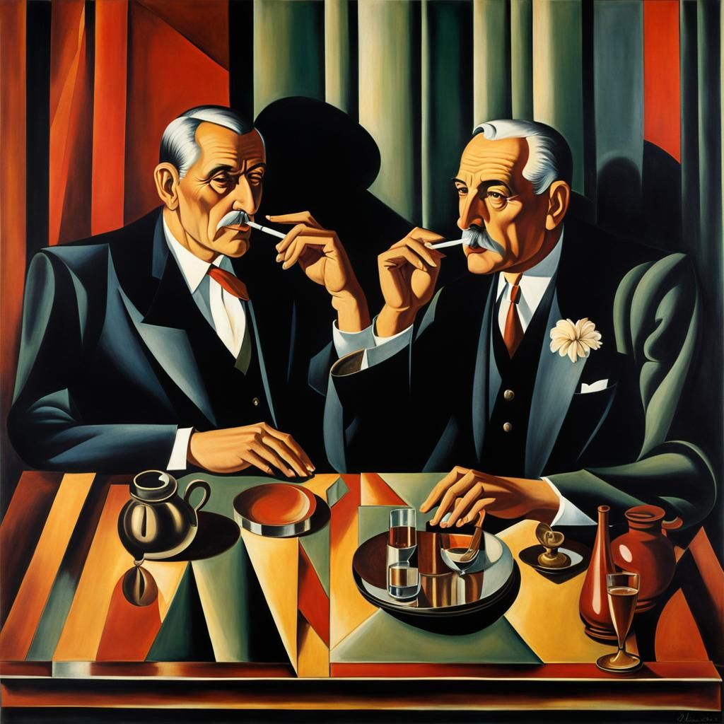 Art Deco Room with Men Smoking, in Lempicka Style