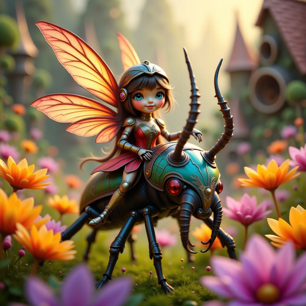 Fairy Warrior on Beetle in Pixar-Style Garden