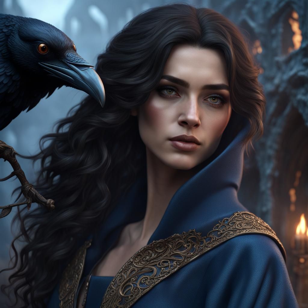Mysterious Teen Sorceress with Raven: Fantasy Concept Art